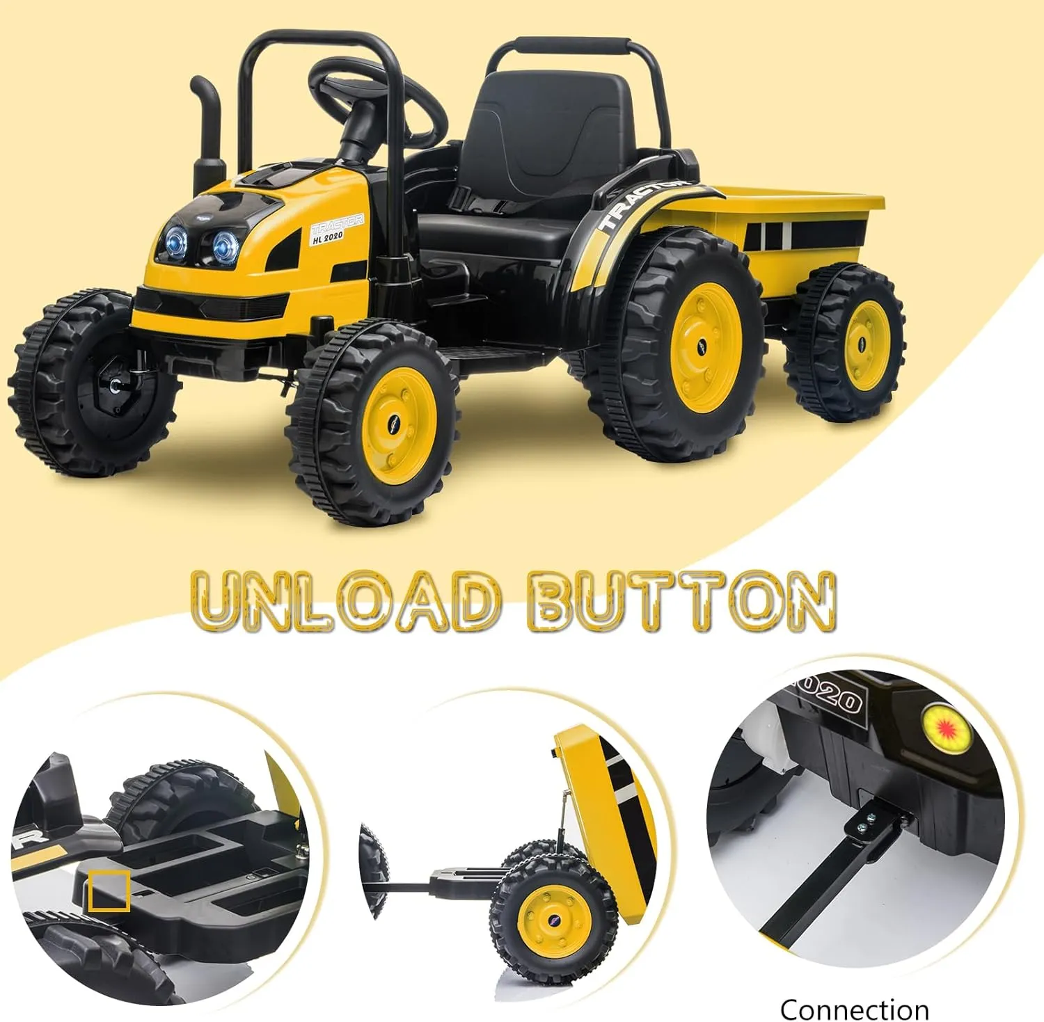 Electric Kids Ride on Tractor with Long Tiltable Trailer 6 Wheels, 12V Battery Powered Ride on Car Vehicle with Remote Control, Spring Suspension, Music LED Light for Boys and Girls, Yellow