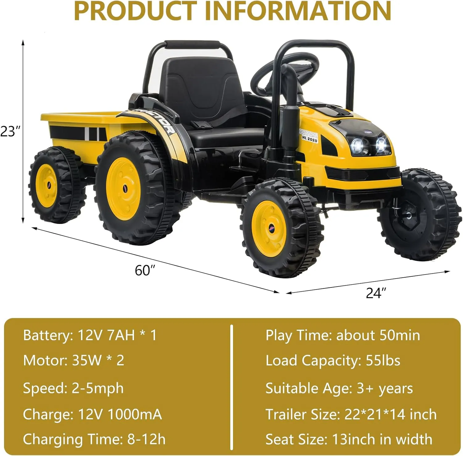 Electric Kids Ride on Tractor with Long Tiltable Trailer 6 Wheels, 12V Battery Powered Ride on Car Vehicle with Remote Control, Spring Suspension, Music LED Light for Boys and Girls, Yellow