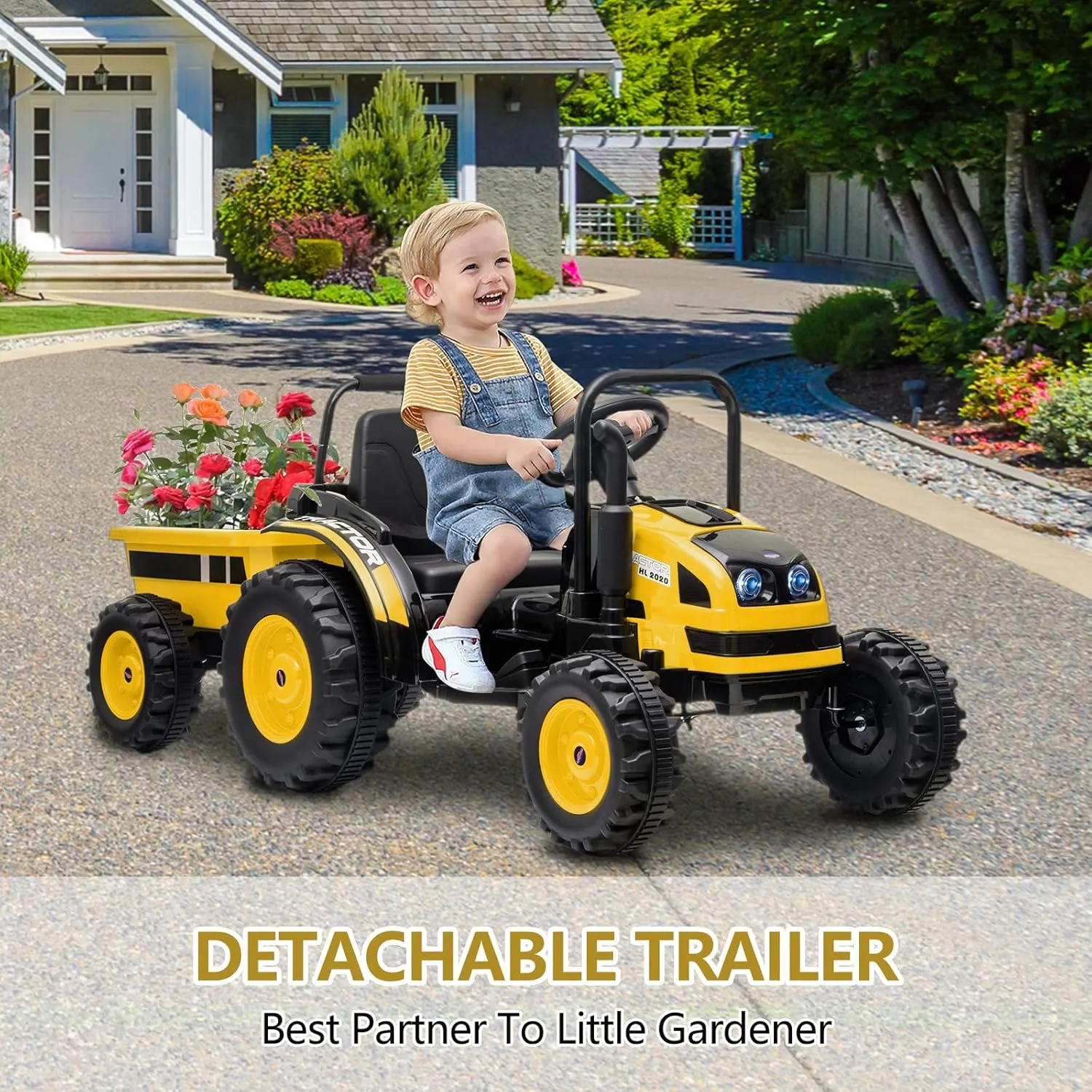 Electric Kids Ride on Tractor with Long Tiltable Trailer 6 Wheels, 12V Battery Powered Ride on Car Vehicle with Remote Control, Spring Suspension, Music LED Light for Boys and Girls, Yellow