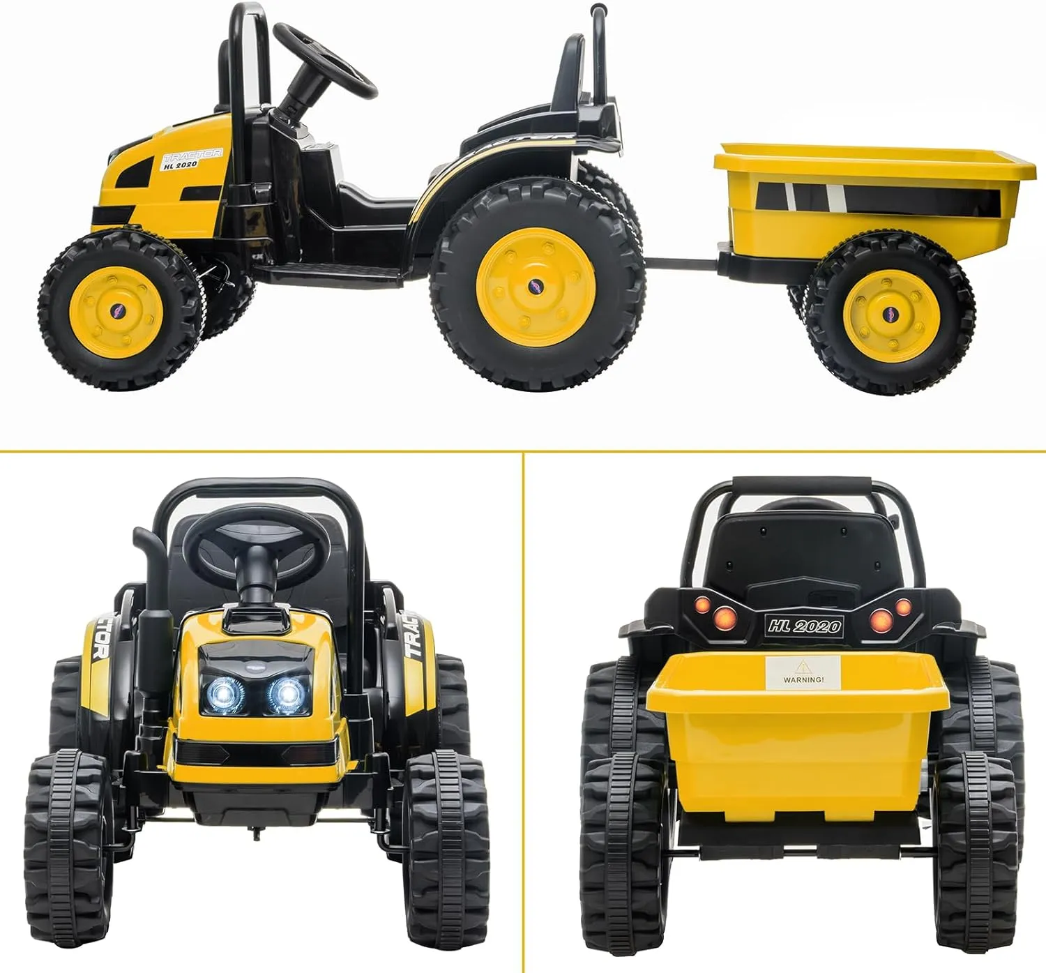 Electric Kids Ride on Tractor with Long Tiltable Trailer 6 Wheels, 12V Battery Powered Ride on Car Vehicle with Remote Control, Spring Suspension, Music LED Light for Boys and Girls, Yellow