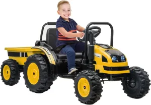 Electric Kids Ride on Tractor with Long Tiltable Trailer 6 Wheels, 12V Battery Powered Ride on Car Vehicle with Remote Control, Spring Suspension, Music LED Light for Boys and Girls, Yellow