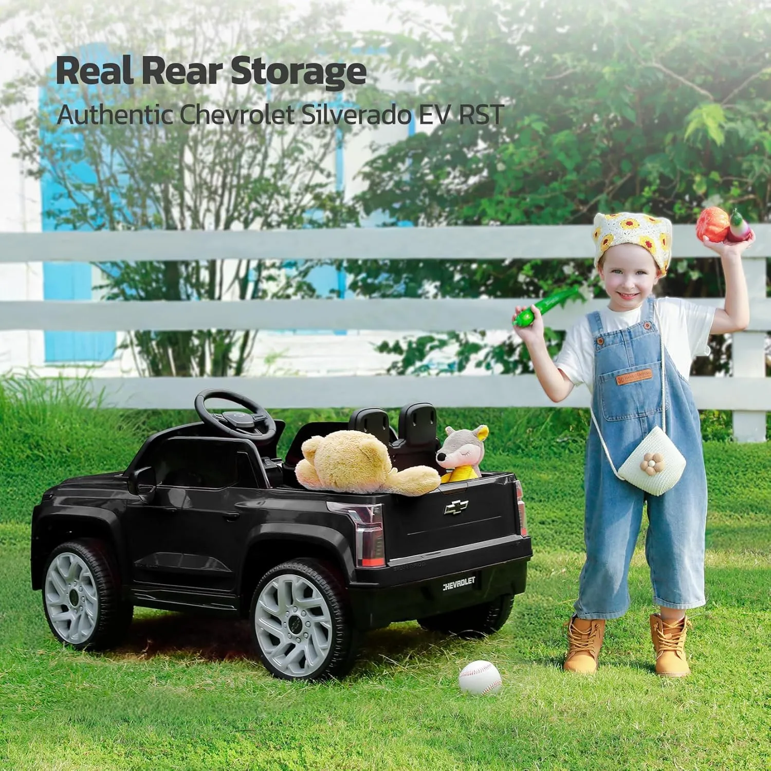 ELEMARA 12V Licensed Chevrolet Silverado Ride on Truck,Off-Road Electric Vehicles w/Parent Remote Control,4 MPH Max Speed Ride on Car for Boy&Girl,Truck Bed Storage,Hand-pull function, LED Light,Black