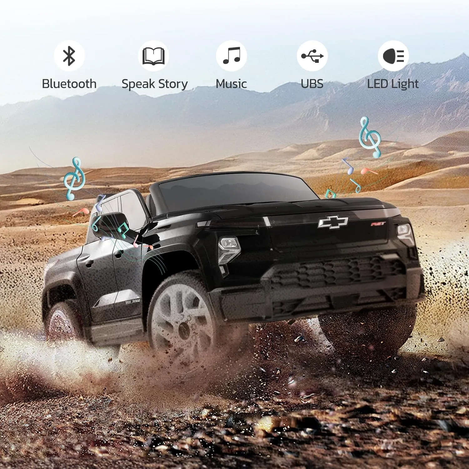 ELEMARA 12V Licensed Chevrolet Silverado Ride on Truck,Off-Road Electric Vehicles w/Parent Remote Control,4 MPH Max Speed Ride on Car for Boy&Girl,Truck Bed Storage,Hand-pull function, LED Light,Black