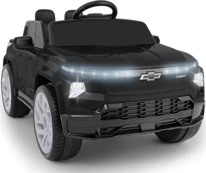 ELEMARA 12V Licensed Chevrolet Silverado Ride on Truck,Off-Road Electric Vehicles w/Parent Remote Control,4 MPH Max Speed Ride on Car for Boy&Girl,Truck Bed Storage,Hand-pull function, LED Light,Black