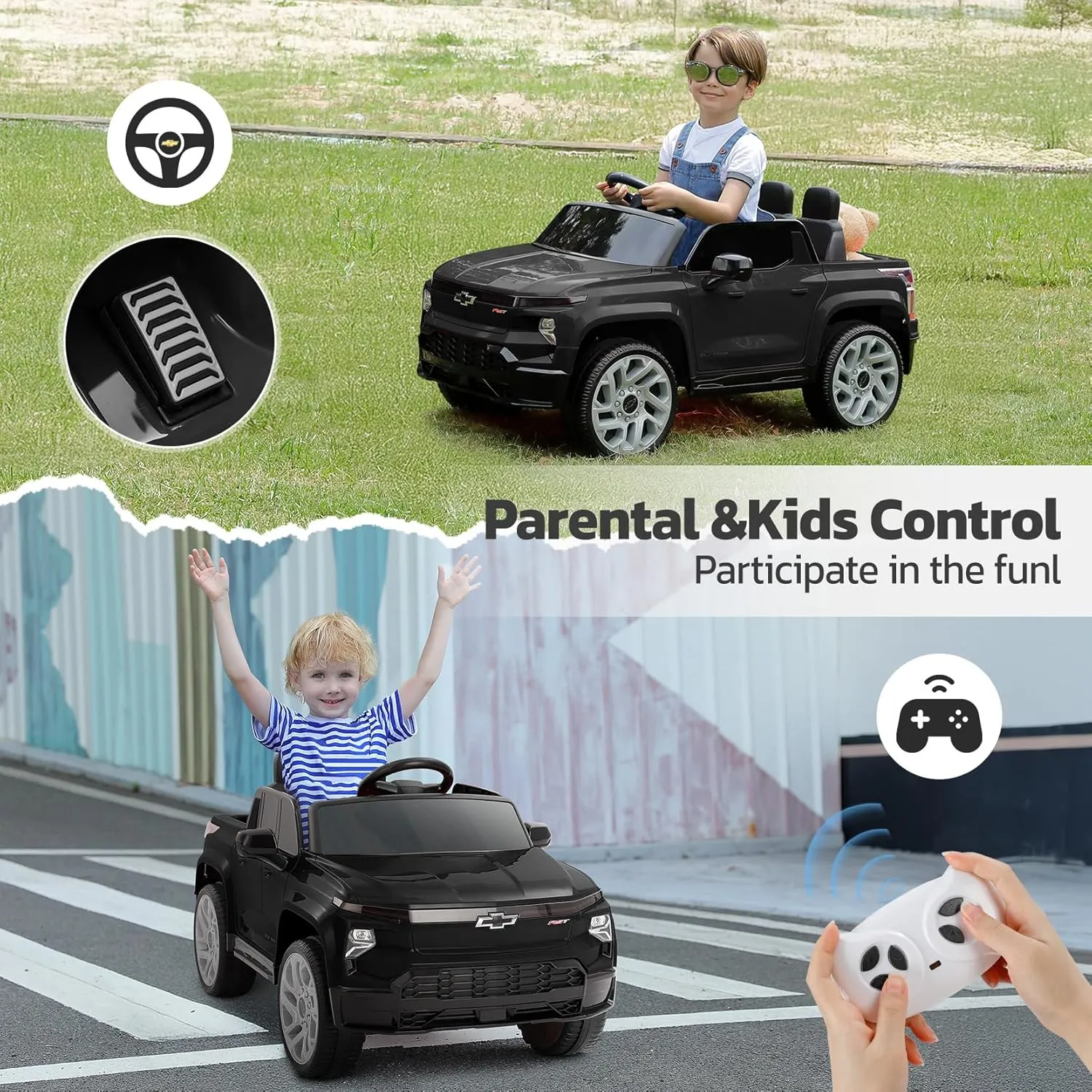 ELEMARA 12V Licensed Chevrolet Silverado Ride on Truck,Off-Road Electric Vehicles w/Parent Remote Control,4 MPH Max Speed Ride on Car for Boy&Girl,Truck Bed Storage,Hand-pull function, LED Light,Black