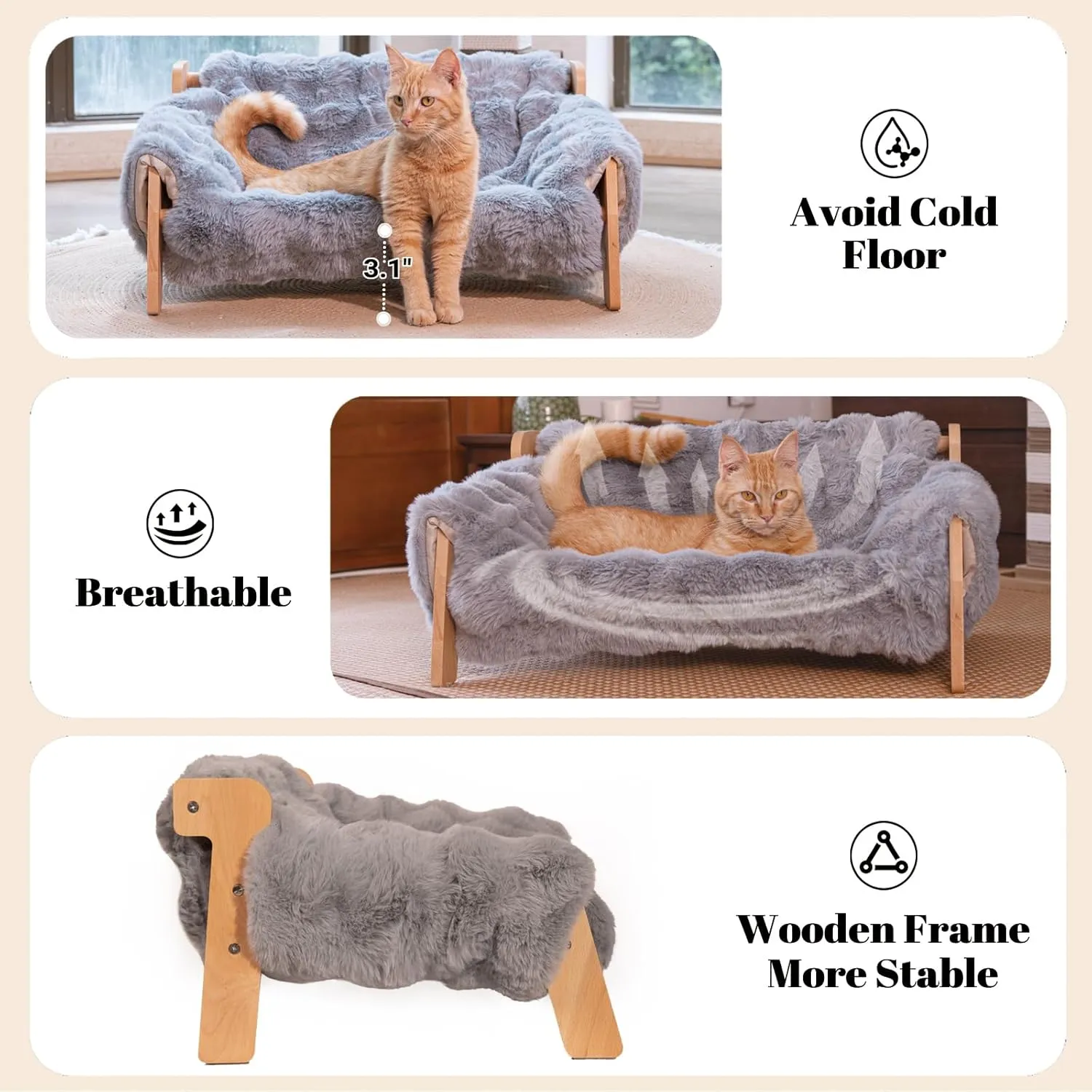 Elevated Cat Couch Bed for Indoor, Wooden Cats Sofa with Washable Fluffy Cover Raised Kitty Lounge Chair Suitable for Puppy(Cat Sofa Grey)