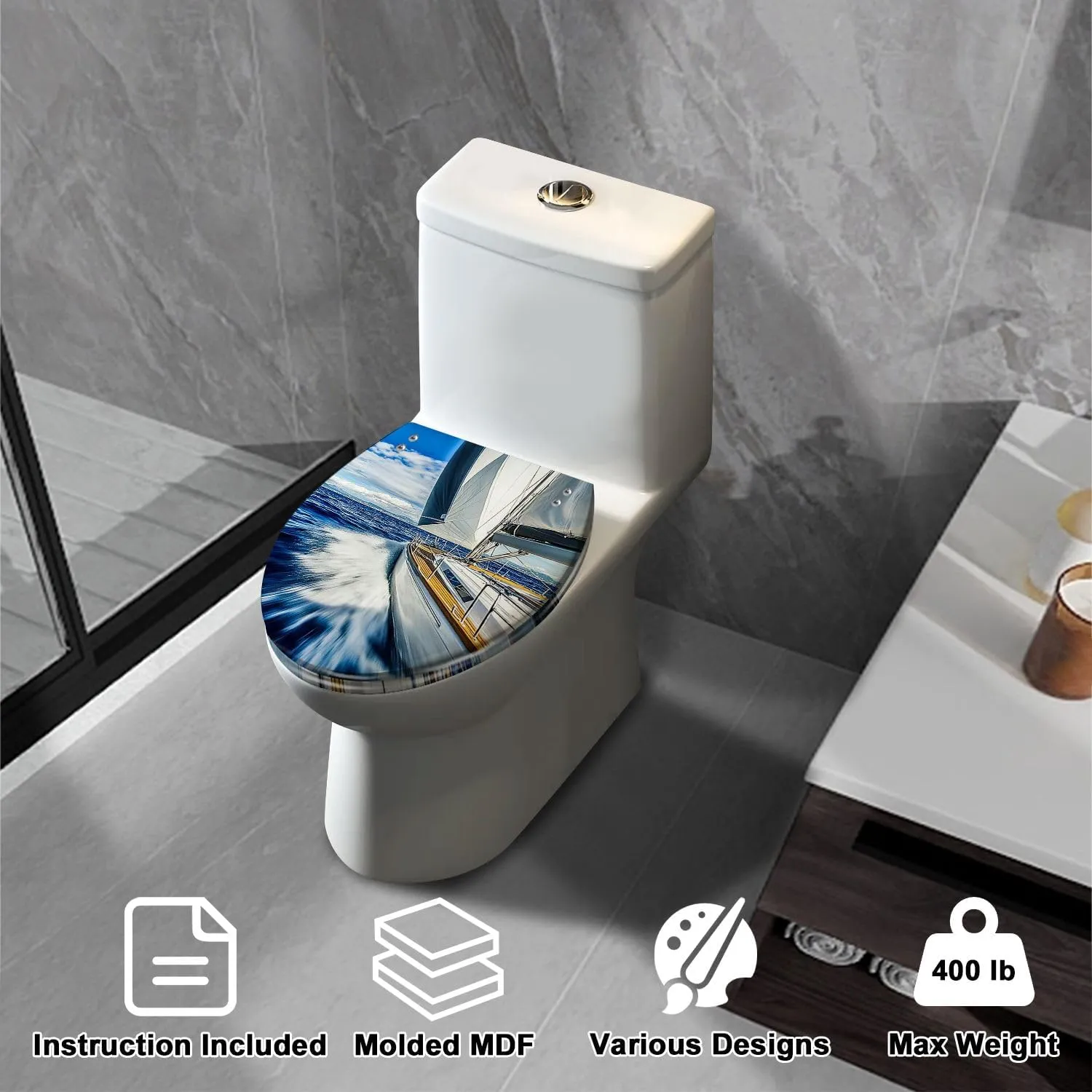 Elongated Toilet Seat Sailing wind sailboat Quiet Close Strong Stainless Steel Hinges Resin Toilet Seat Easy to Install Easy to Clean