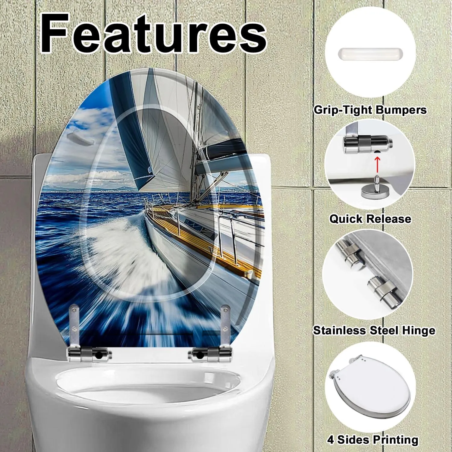Elongated Toilet Seat Sailing wind sailboat Quiet Close Strong Stainless Steel Hinges Resin Toilet Seat Easy to Install Easy to Clean