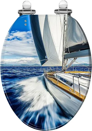 Elongated Toilet Seat Sailing wind sailboat Quiet Close Strong Stainless Steel Hinges Resin Toilet Seat Easy to Install Easy to Clean