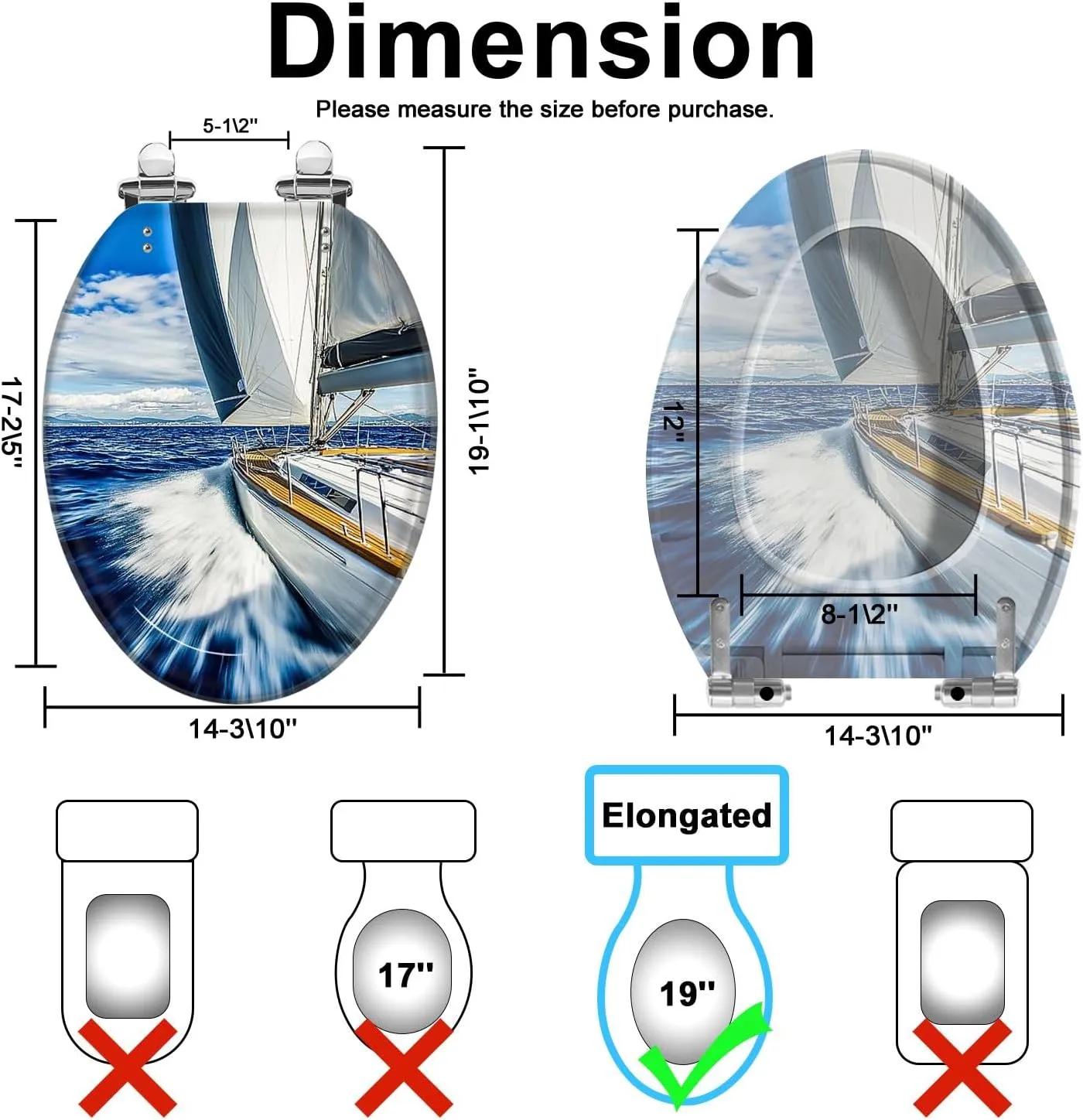 Elongated Toilet Seat Sailing wind sailboat Quiet Close Strong Stainless Steel Hinges Resin Toilet Seat Easy to Install Easy to Clean