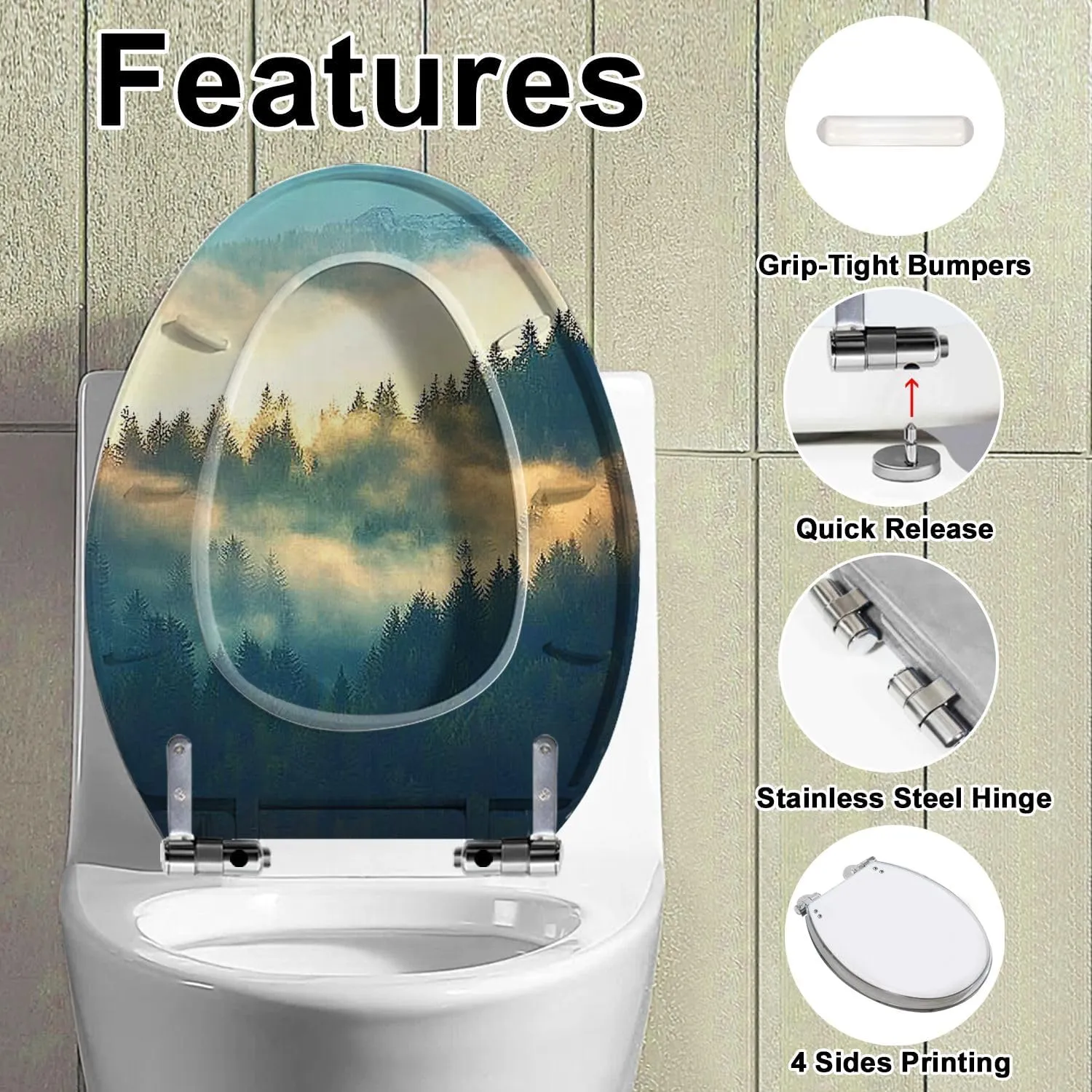 Elongated Toilet Seat View misty fog mountains autumn Quiet Close Strong Stainless Steel Hinges Resin Toilet Seat Easy to Install Easy to Clean