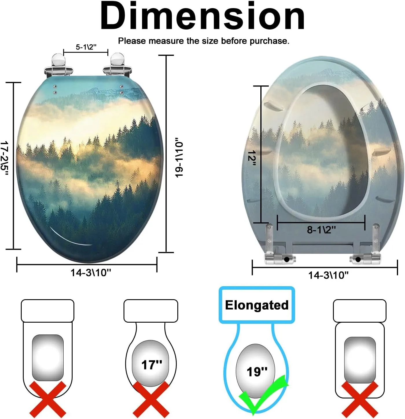 Elongated Toilet Seat View misty fog mountains autumn Quiet Close Strong Stainless Steel Hinges Resin Toilet Seat Easy to Install Easy to Clean