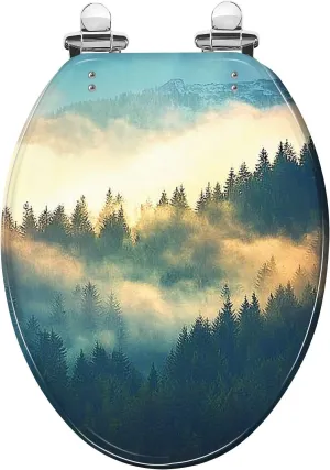 Elongated Toilet Seat View misty fog mountains autumn Quiet Close Strong Stainless Steel Hinges Resin Toilet Seat Easy to Install Easy to Clean