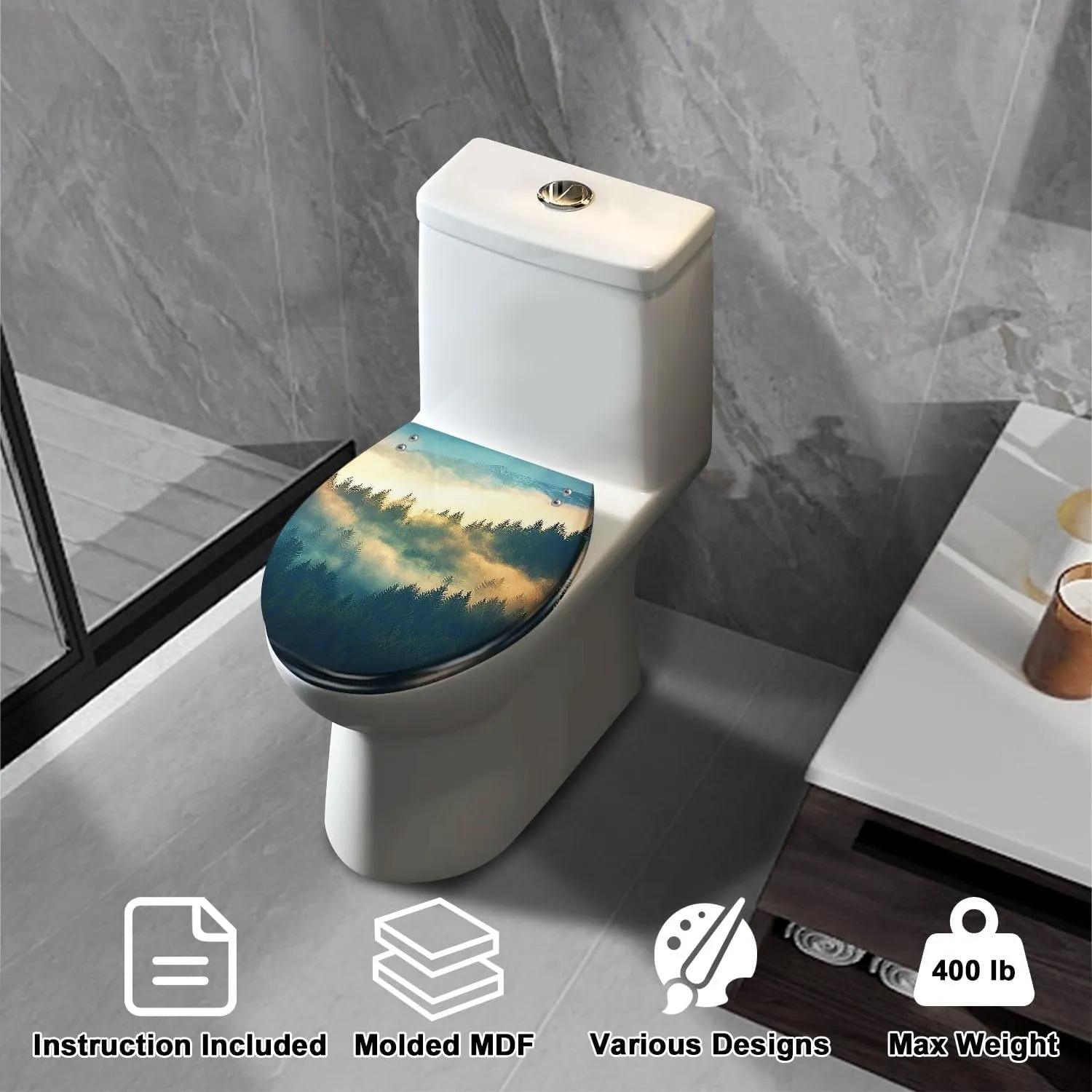 Elongated Toilet Seat View misty fog mountains autumn Quiet Close Strong Stainless Steel Hinges Resin Toilet Seat Easy to Install Easy to Clean