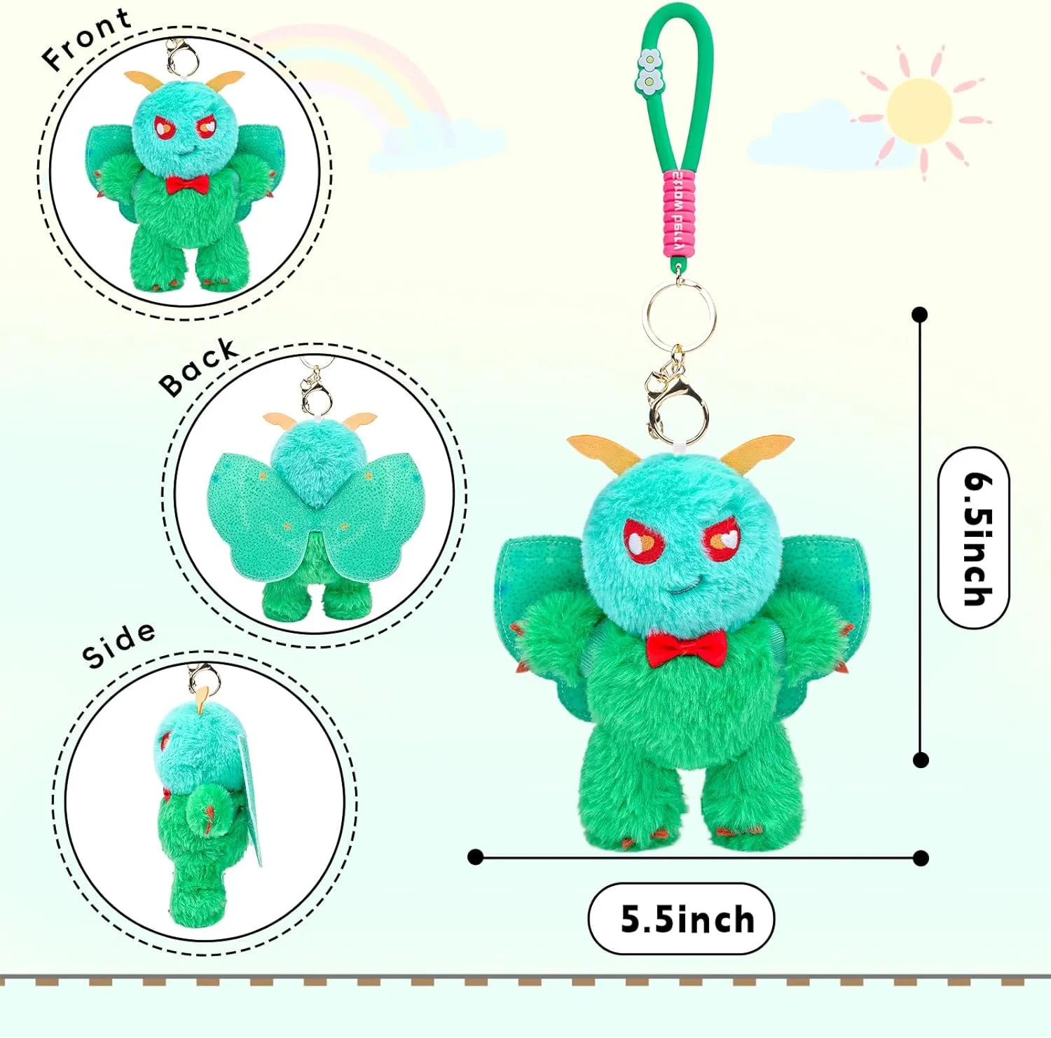 Emerald Moth Plush Keychain Toy, Cute Emerald Moths Stuffed Animal Figure Keychain 6.5in, Cute Removable Plushie Figure as Gift for Your Friends