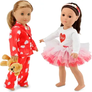 Emily Rose 18 inch Doll Clothes 6-PC Red Hearts Clothing Bundle Set - with 3-PC Fashion Tutu Skirt Outfit & Silky 2-PC PJs Pajamas Sleep Set w/ Teddy Bear Accessory | USA Business