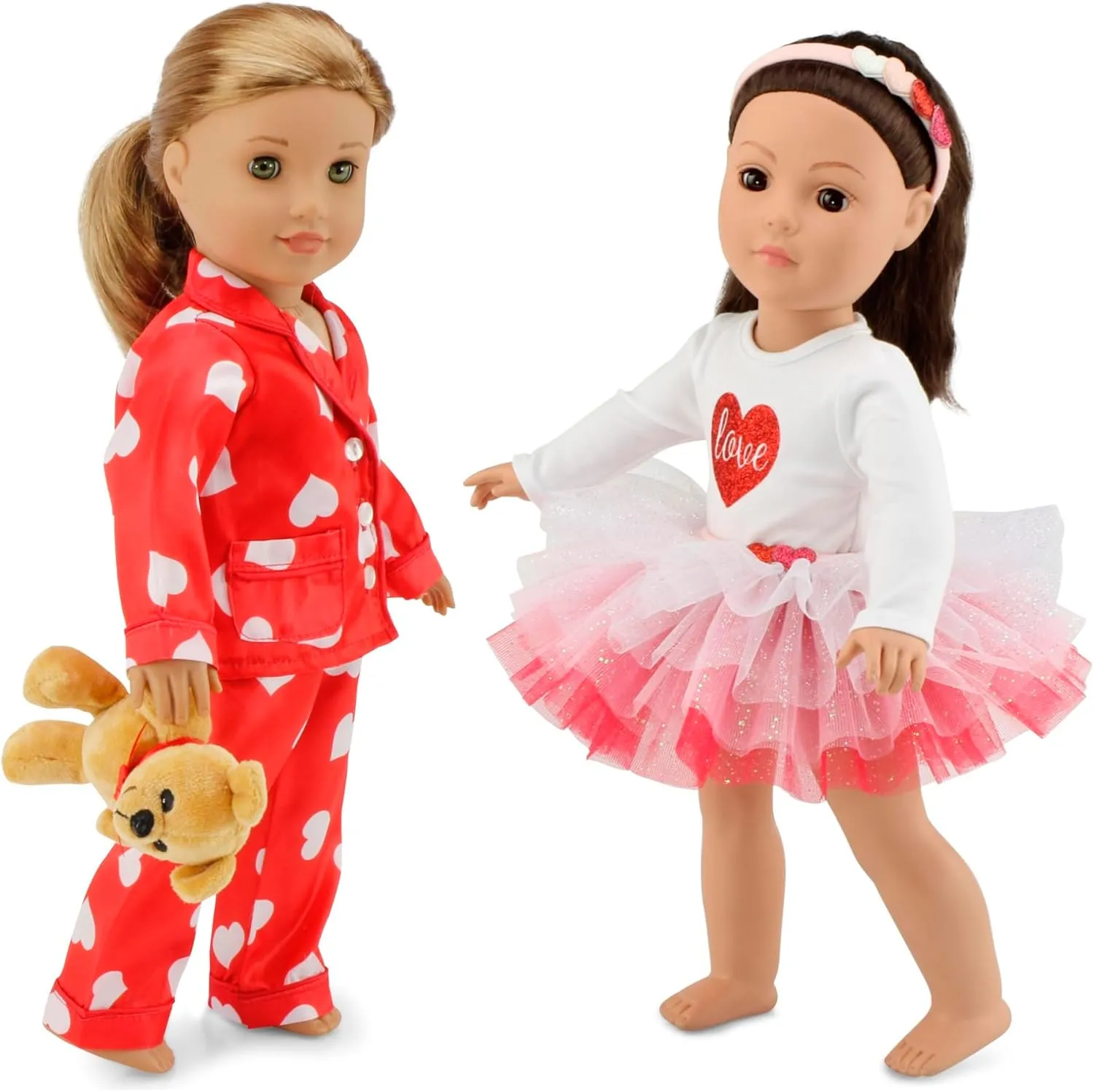 Emily Rose 18 inch Doll Clothes 6-PC Red Hearts Clothing Bundle Set - with 3-PC Fashion Tutu Skirt Outfit & Silky 2-PC PJs Pajamas Sleep Set w/ Teddy Bear Accessory | USA Business