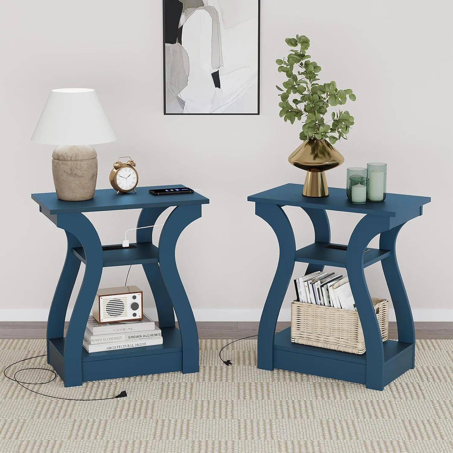 End Tables Living Room, End Table end Table with Charging Station and USB,Navy Blue Side Table, Nightstand for Bedroom,3 Tier End Table with Storage Shelf for Living Room