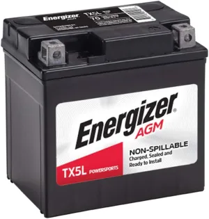 Energizer TX5L AGM Motorcycle and ATV 12V Battery, 70 Cold Cranking Amps and 4 Ahr, Replaces: YTX5L-BS and others, Black