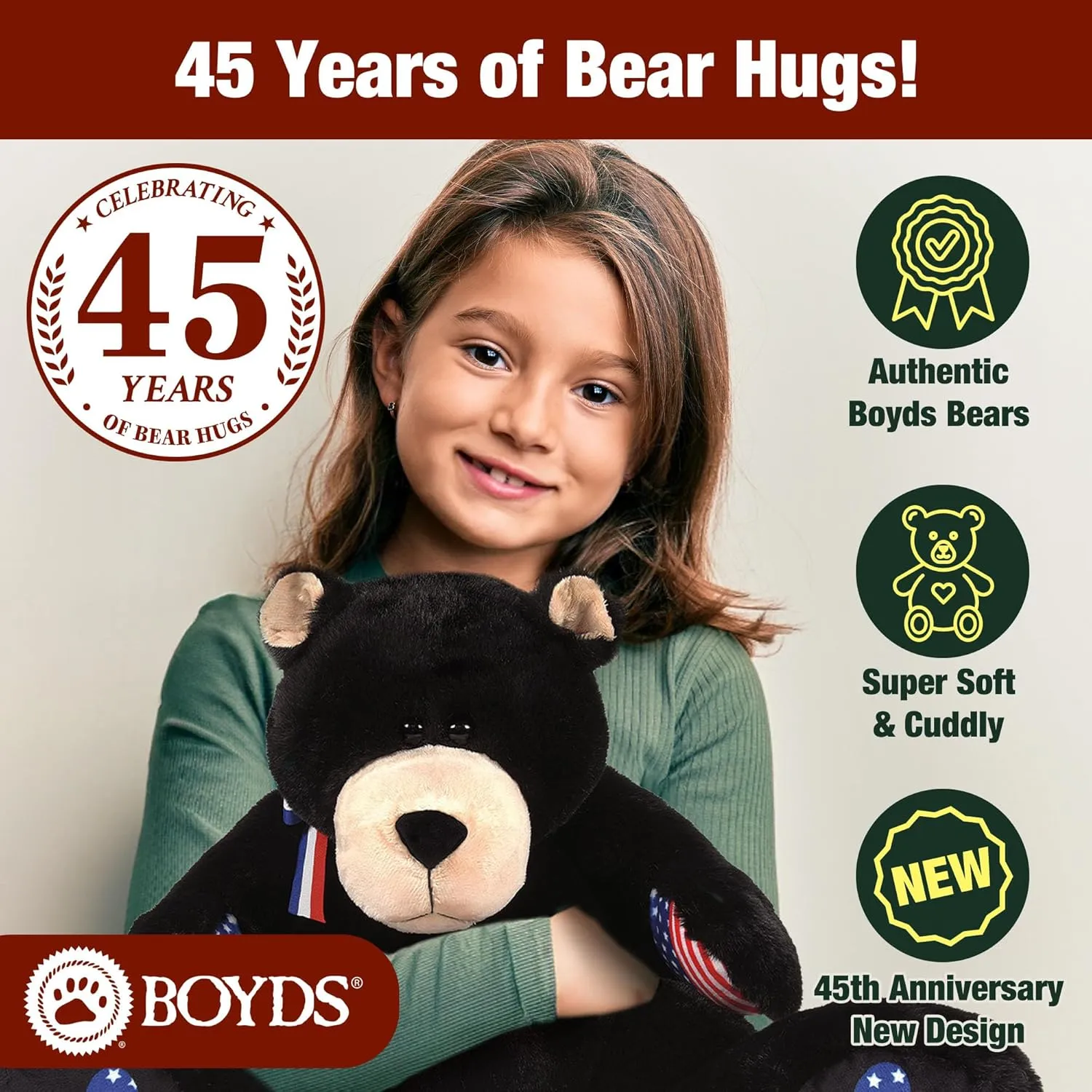 Enesco Boyds Bears 45th Anniversary Bubba Bearsevelt Plush Teddy Bear Stuffed Animals, Collectible Premium Soft Teddy Bear Plushies for Ages 1  and Up, Patriotic Black Bear with USA Flag, 14 Inch