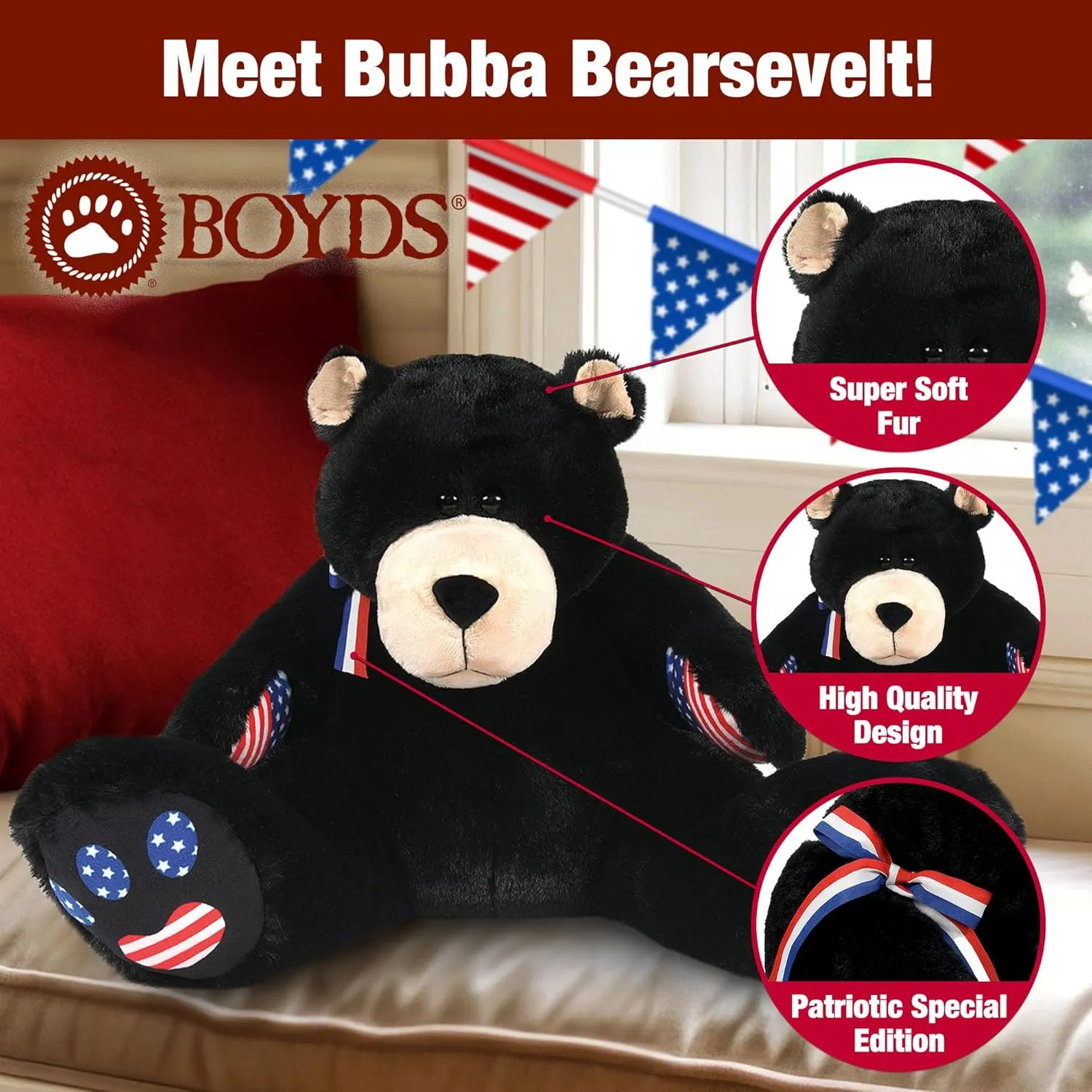 Enesco Boyds Bears 45th Anniversary Bubba Bearsevelt Plush Teddy Bear Stuffed Animals, Collectible Premium Soft Teddy Bear Plushies for Ages 1  and Up, Patriotic Black Bear with USA Flag, 14 Inch