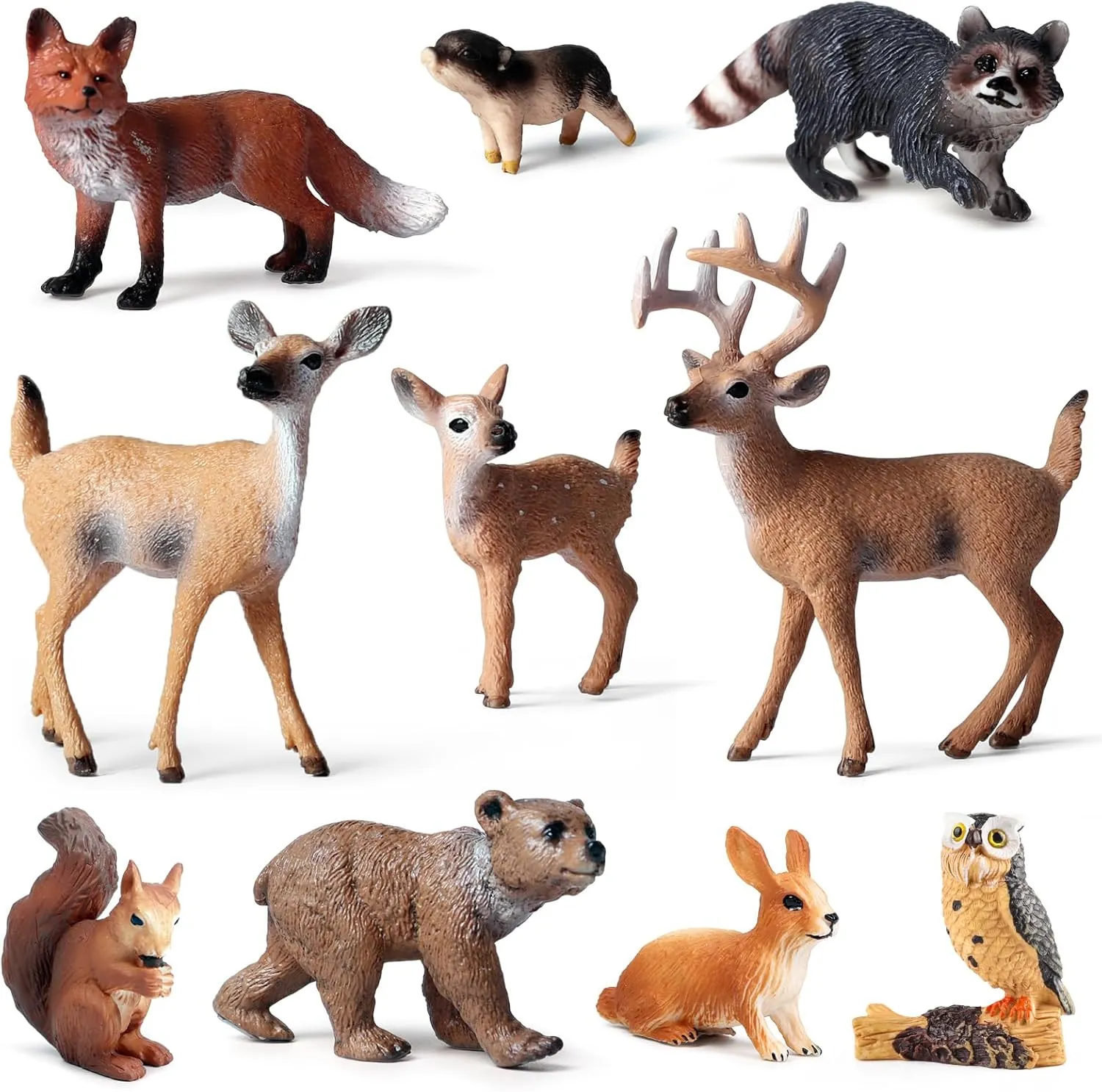 EOIVSH Forest Animals Figures, 10pcs Realistic Woodland Creatures Figurines for Kids, Plasitc Jungle Animals Toys for Cake Topper Birthday Gift