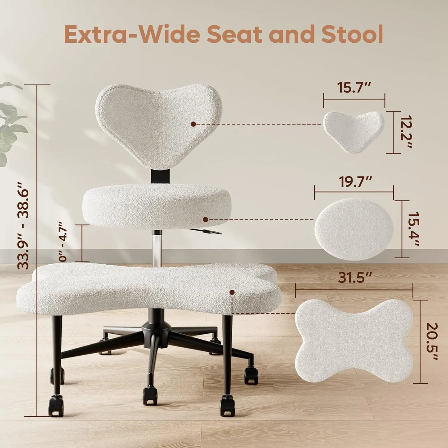 Ergonomic Cross Legged Chair, 360° Swivel Meditation Chair with Wheels, Height Adjustable Seat for ADHD, Strong Lumbar Support, Chic Home Office Furniture, Teddy Fabric, Off White