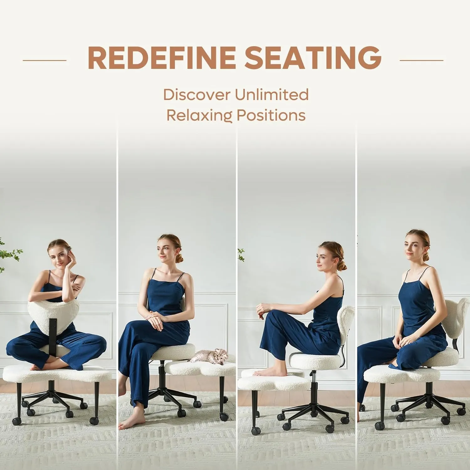 Ergonomic Cross Legged Chair, 360° Swivel Meditation Chair with Wheels, Height Adjustable Seat for ADHD, Strong Lumbar Support, Chic Home Office Furniture, Teddy Fabric, Off White