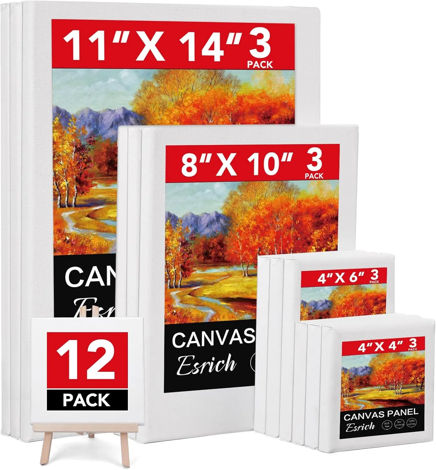 ESRICH Stretched Canvas for Painting, 12 Pack 4x4, 4x6, 8x10, 11x14(3 of Each) Canvas Set, Multi-Size Blank Canvases for Painting, Primed Paint Canvas for Kids, Adults, Beginners, Artists.
