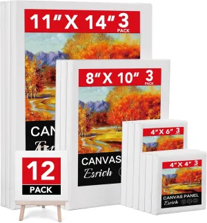 ESRICH Stretched Canvas for Painting, 12 Pack 4x4, 4x6, 8x10, 11x14(3 of Each) Canvas Set, Multi-Size Blank Canvases for Painting, Primed Paint Canvas for Kids, Adults, Beginners, Artists.