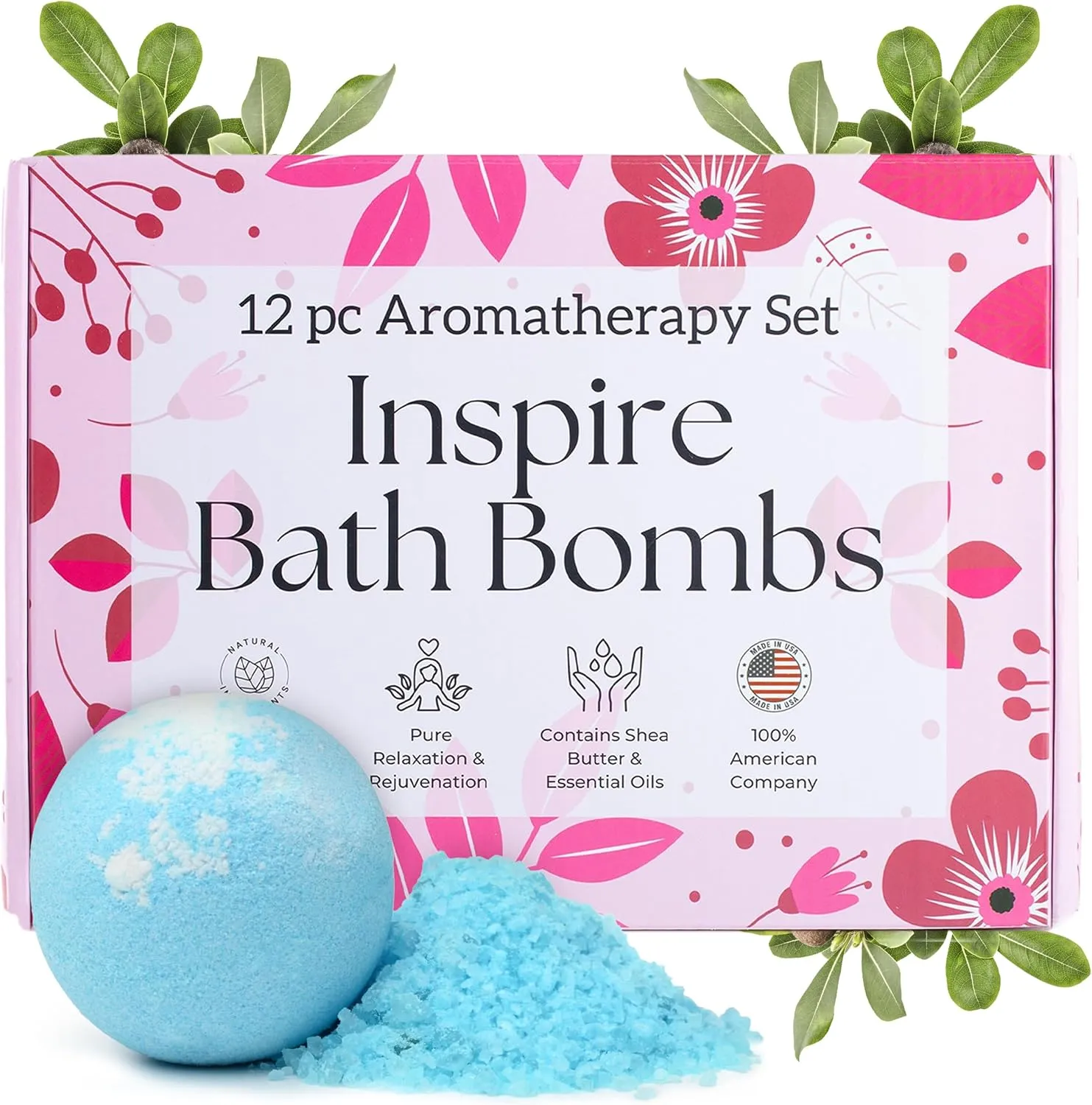 EvolutionUSA Inspire Bath Bombs for Women, 12 Gorgerous Flower Bath Bombs Topped with Dried Flowers, Luxurious Mother's Day Gift Set, Brithday Gift, Easter Gift or for Creating Lush Self Care Moment