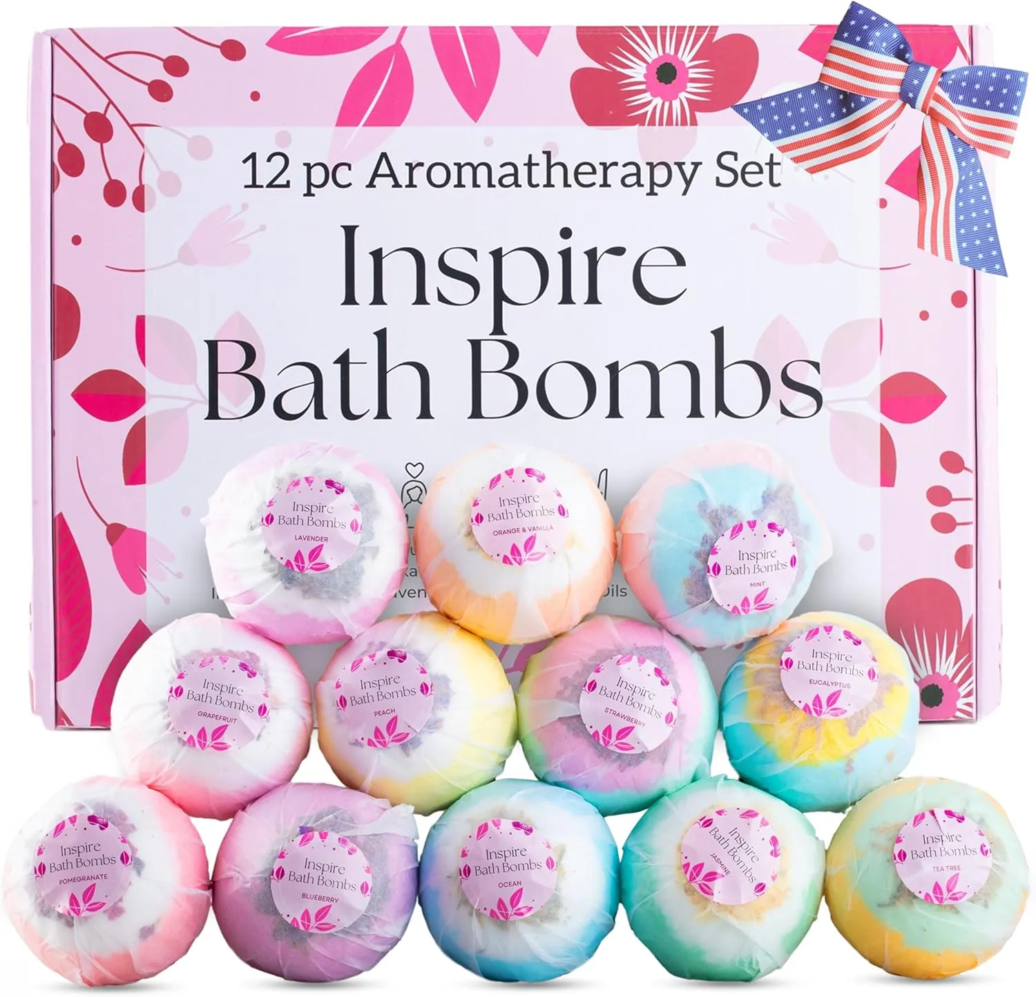 EvolutionUSA Inspire Bath Bombs for Women, 12 Gorgerous Flower Bath Bombs Topped with Dried Flowers, Luxurious Mother's Day Gift Set, Brithday Gift, Easter Gift or for Creating Lush Self Care Moment