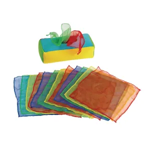 Excellerations Plush Pull & Play 12 inches L x 5-1/2 inches W x 3-1/2 inches H Tissue Box 12 Square Scarves for Children, Kids Educational Baby Toy, 9 Months and Up