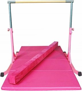 Expandable Gymnastics Kip Bar Set with Balance Beam, 6'x4' Mat for Kids, Horizontal Bar Junior Gymnastic Training Exercise Gymnast Home Gym Adjustable 3 to 5 FT Fiberglass Rail (Pink)