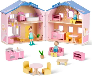 Exquisite Pink Wooden Dollhouse for Girls with Dolls and Furniture Accessories,Foldable and Portable Doll House Ideal Gift for Kids Ages 3 ,Size 11.4' H X 9.1' W X 11.2' L