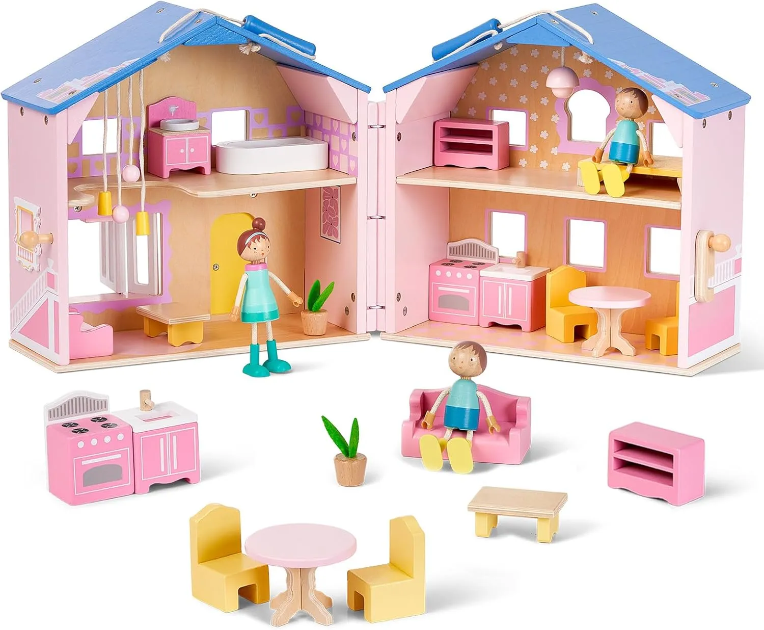 Exquisite Pink Wooden Dollhouse for Girls with Dolls and Furniture Accessories,Foldable and Portable Doll House Ideal Gift for Kids Ages 3 ,Size 11.4' H X 9.1' W X 11.2' L
