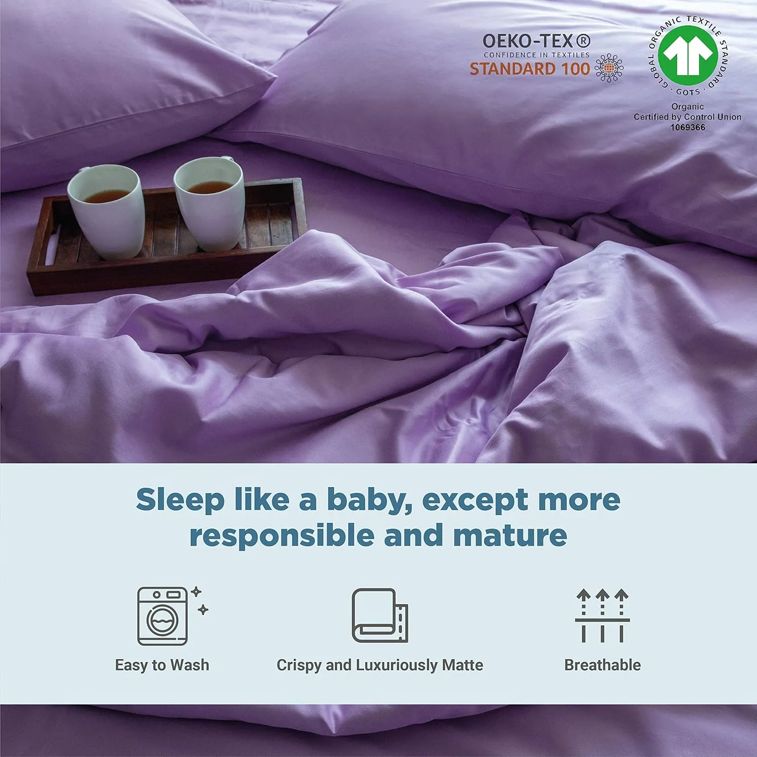 Fabdreams 100% Organic Cotton Percale Weave King Size Sheet Set | 300 Thread Count | GOTS Certified | Long Staple Cotton | Cool Crisp Breathable | Fits Upto 17" Deep Pocket | Lilac