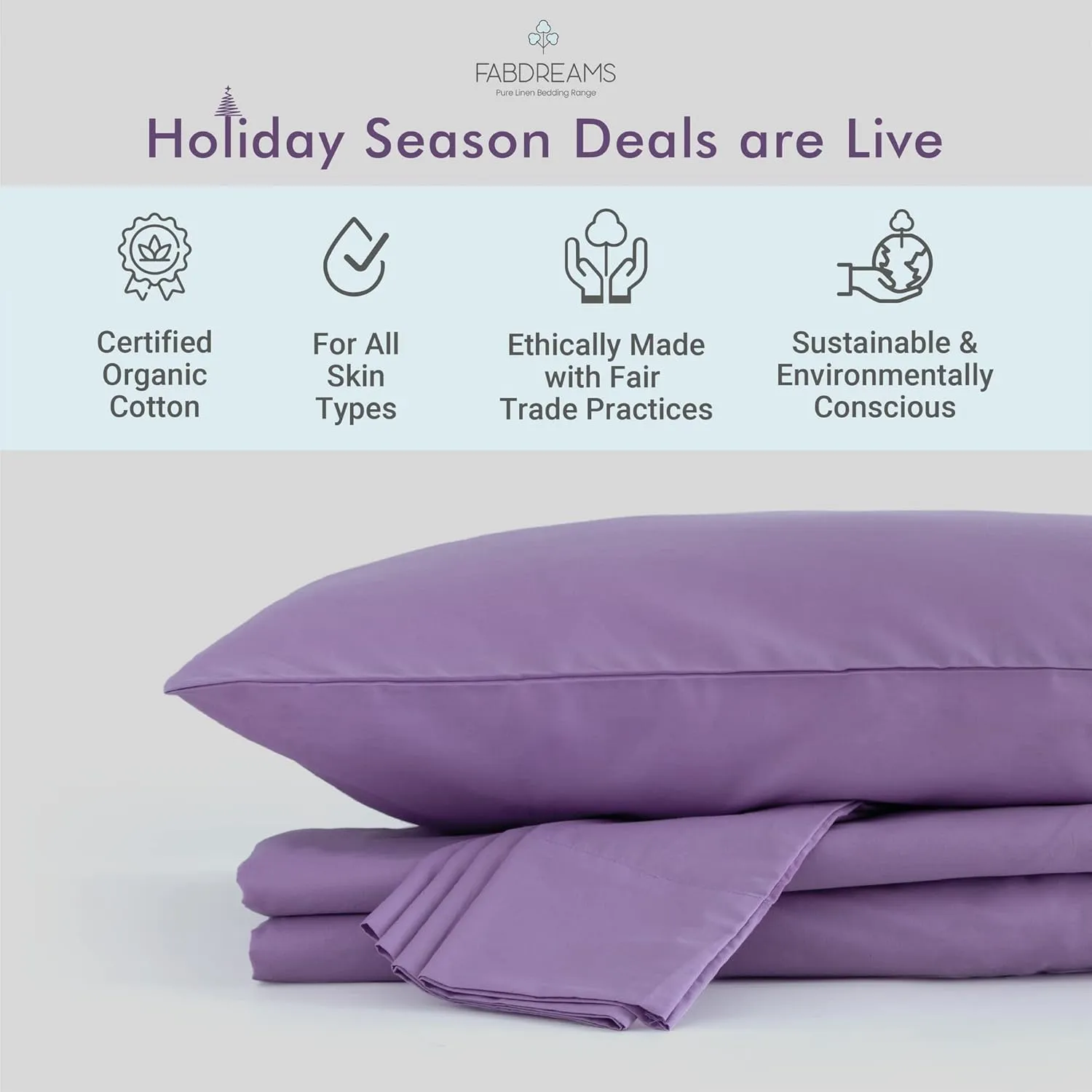 Fabdreams 100% Organic Cotton Percale Weave King Size Sheet Set | 300 Thread Count | GOTS Certified | Long Staple Cotton | Cool Crisp Breathable | Fits Upto 17" Deep Pocket | Lilac