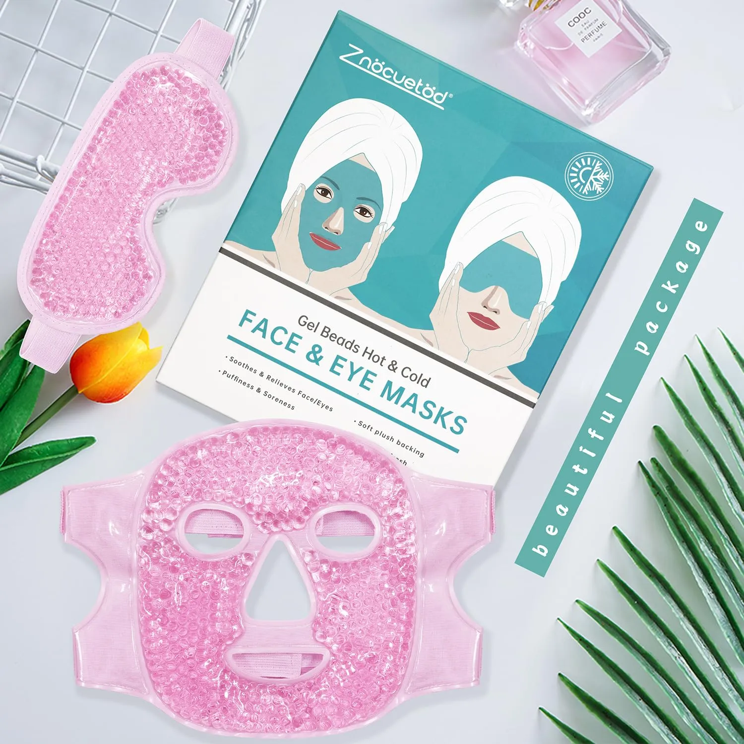 Face Eye Mask Ice Pack for Reducing Puffiness, Bags Under Eyes, Puffy Dark Circles, Migraine,Hot/Cold Pack with Soft Plush Backing (Pink-(1*Eye Mask 1*Face Mask))