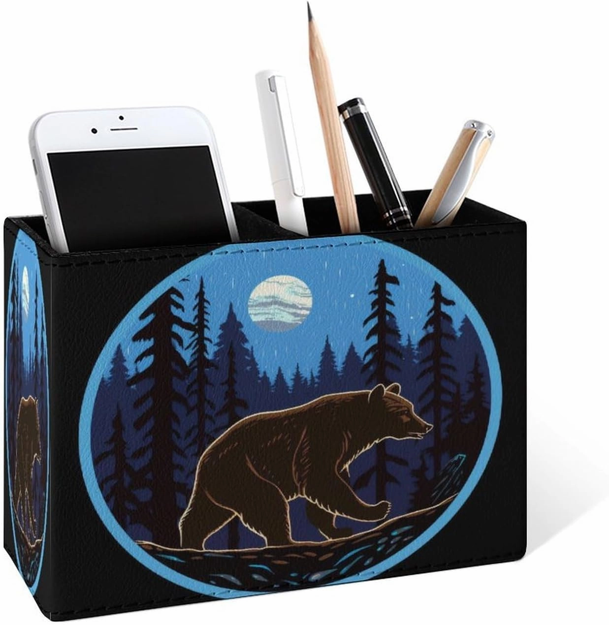 Famame Bear Moon Night Tree Pencil Holder for Desk, Leather Desktop Container Pen Cup Storage Study Table Pen Organizer Makeup Brush Holder for Classroom Office Home