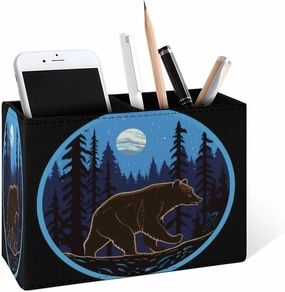 Famame Bear Moon Night Tree Pencil Holder for Desk, Leather Desktop Container Pen Cup Storage Study Table Pen Organizer Makeup Brush Holder for Classroom Office Home
