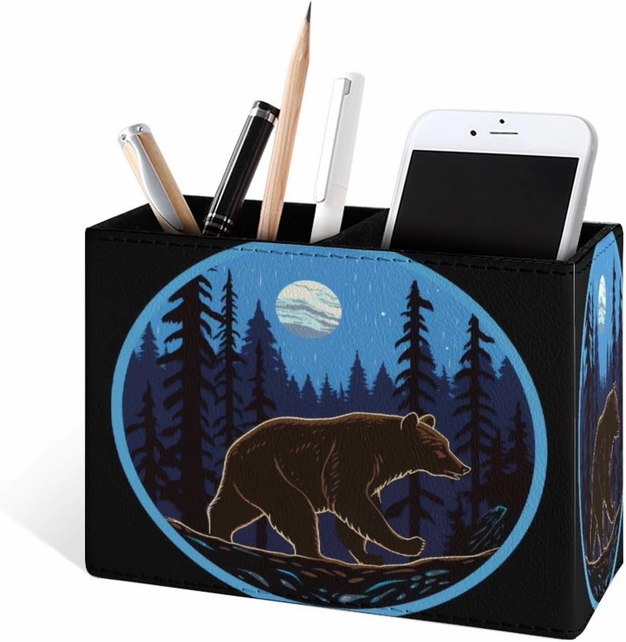 Famame Bear Moon Night Tree Pencil Holder for Desk, Leather Desktop Container Pen Cup Storage Study Table Pen Organizer Makeup Brush Holder for Classroom Office Home
