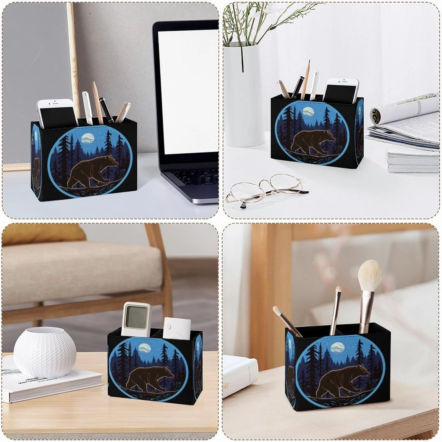 Famame Bear Moon Night Tree Pencil Holder for Desk, Leather Desktop Container Pen Cup Storage Study Table Pen Organizer Makeup Brush Holder for Classroom Office Home