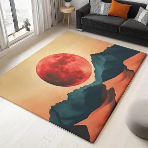 Fantasy Style Red Moon Mountains Area Rug for Living Room, Bedroom Rugs Orange Color 5 x 8 ft Washable Carpet, Soft Fluffy Rug Non Skid Home Office Decor Large Carpet