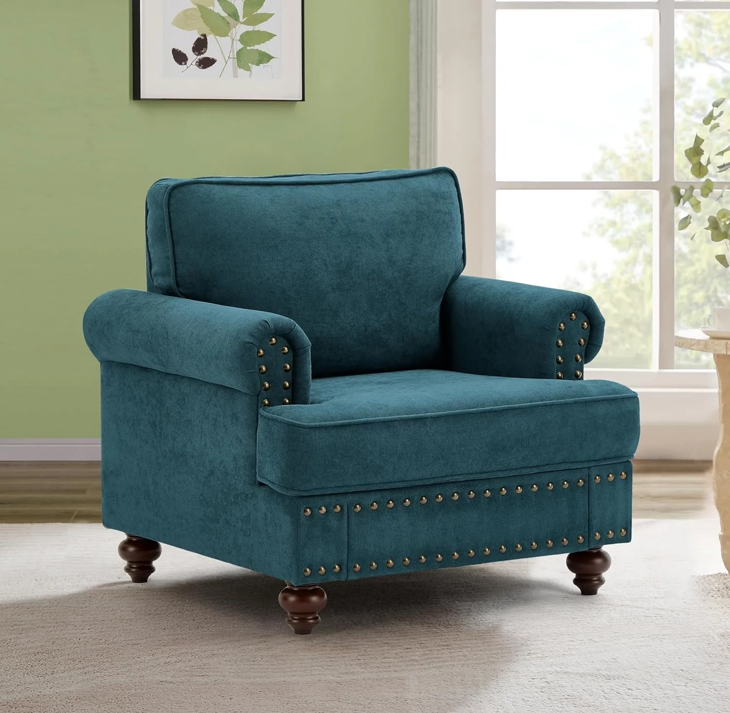 FANYE 3 Pieces Living Room Sofa Sets Include Armchair, Loveseat and 3Seaters Couch,Chenille Upholstered Button Tufted Sofa&Couch with 4 Pillows and Nailhead Decor for Home Office Apartment