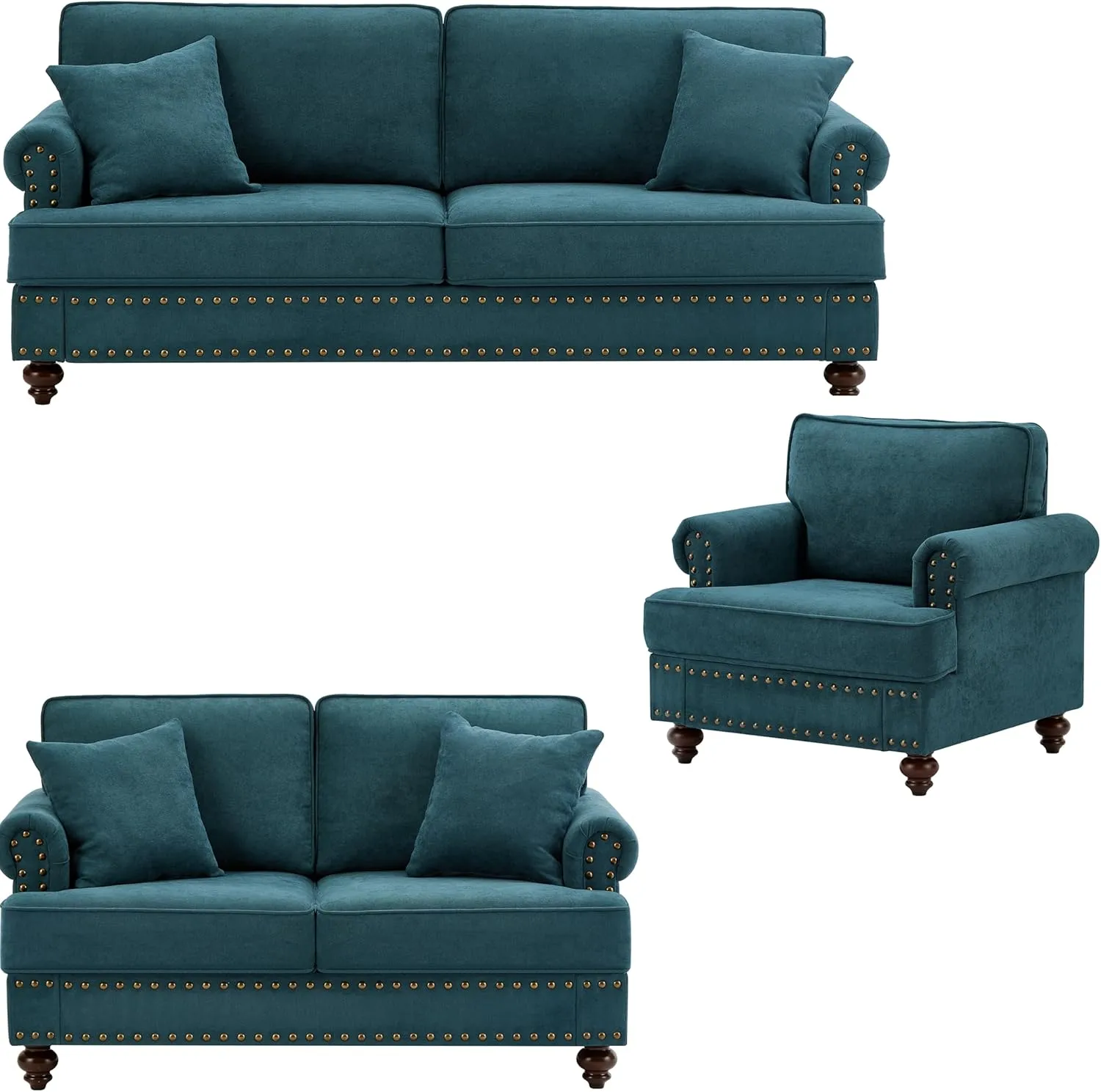 FANYE 3 Pieces Living Room Sofa Sets Include Armchair, Loveseat and 3Seaters Couch,Chenille Upholstered Button Tufted Sofa&Couch with 4 Pillows and Nailhead Decor for Home Office Apartment