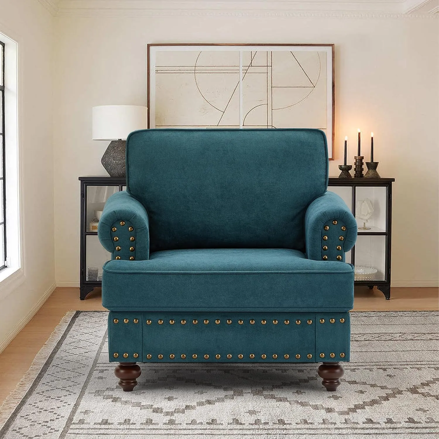 FANYE 3 Pieces Living Room Sofa Sets Include Armchair, Loveseat and 3Seaters Couch,Chenille Upholstered Button Tufted Sofa&Couch with 4 Pillows and Nailhead Decor for Home Office Apartment