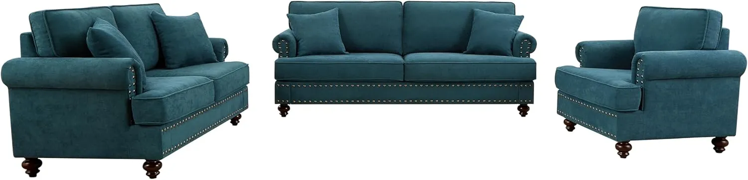 FANYE 3 Pieces Living Room Sofa Sets Include Armchair, Loveseat and 3Seaters Couch,Chenille Upholstered Button Tufted Sofa&Couch with 4 Pillows and Nailhead Decor for Home Office Apartment