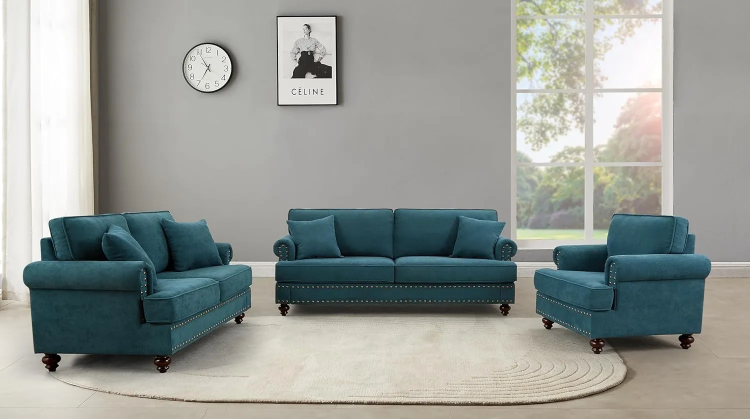 FANYE 3 Pieces Living Room Sofa Sets Include Armchair, Loveseat and 3Seaters Couch,Chenille Upholstered Button Tufted Sofa&Couch with 4 Pillows and Nailhead Decor for Home Office Apartment