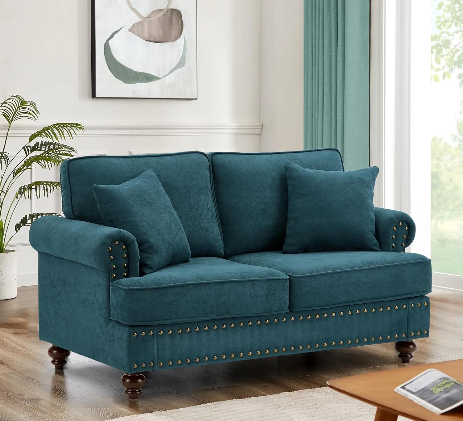 FANYE 3 Pieces Living Room Sofa Sets Include Armchair, Loveseat and 3Seaters Couch,Chenille Upholstered Button Tufted Sofa&Couch with 4 Pillows and Nailhead Decor for Home Office Apartment